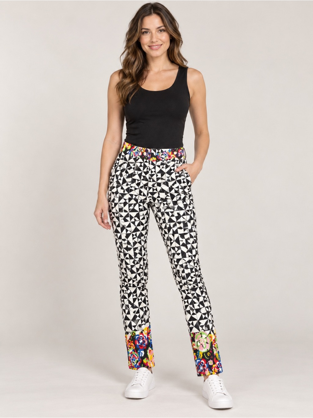 Black & White Geometric Pants with Floral Trim